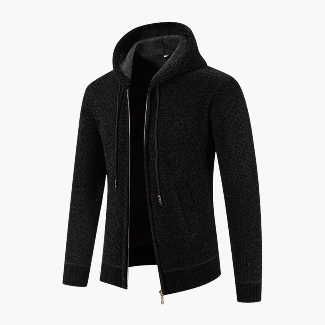 Men's knitted hooded jacket gray fleece-lined full-zip cozy structured casual outdoor comfort