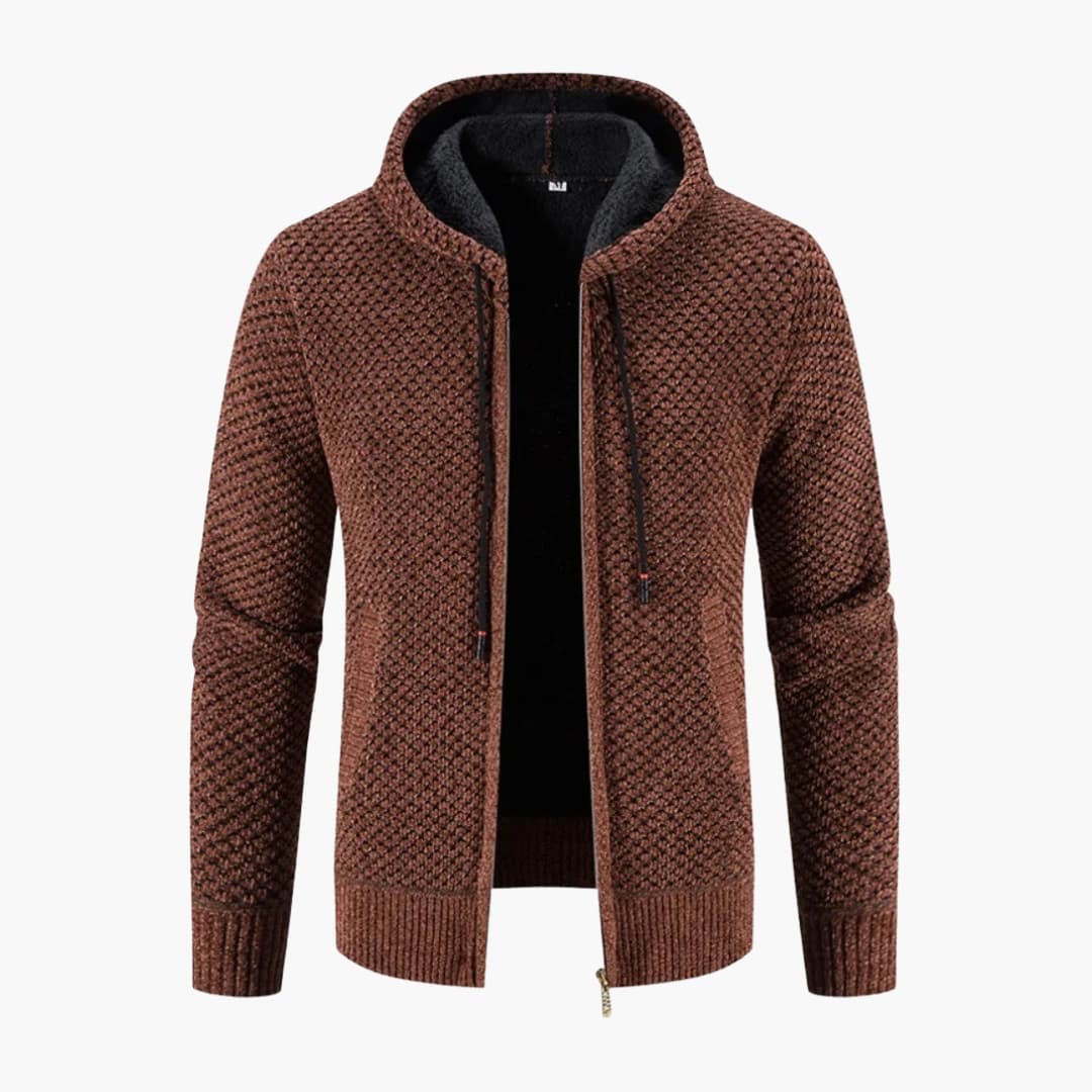 Men's knitted hooded jacket full-zip fleece-lined cozy structured fit for outdoor everyday wear
