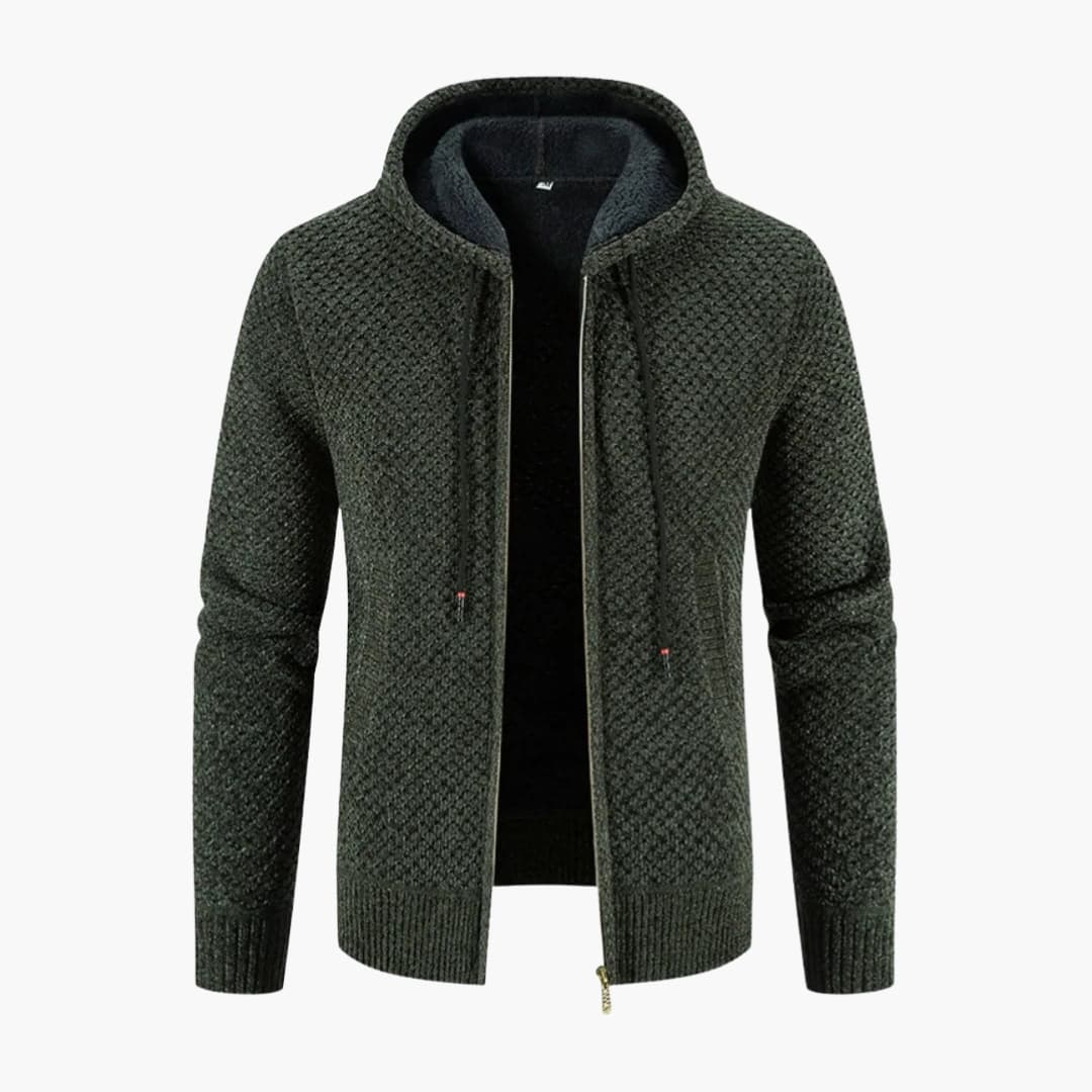 Men's knitted hooded jacket full-zip fleece-lined structured cozy outerwear in neutral tones