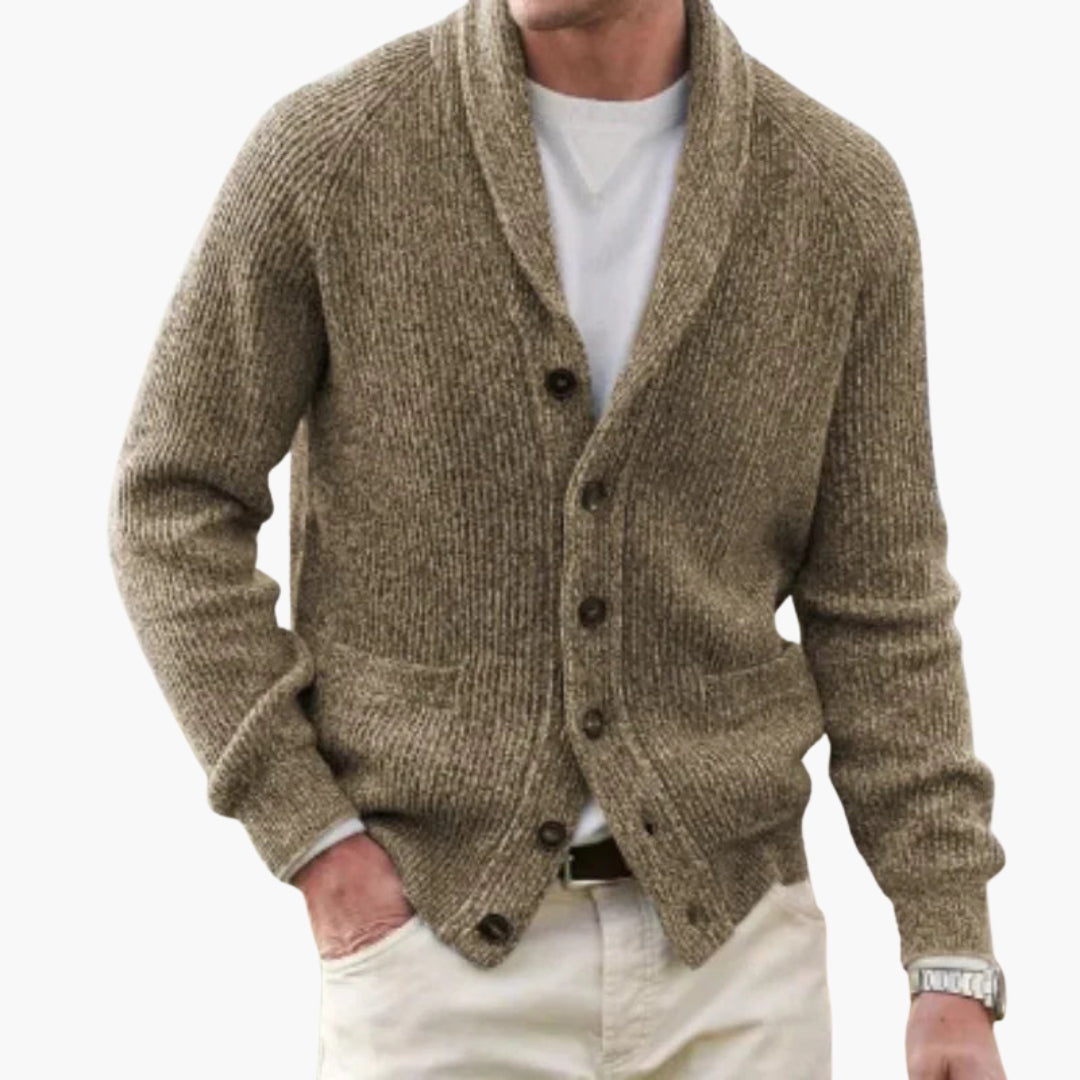 Men's cozy knit cardigan shawl collar button placket patch pockets casual everyday wear