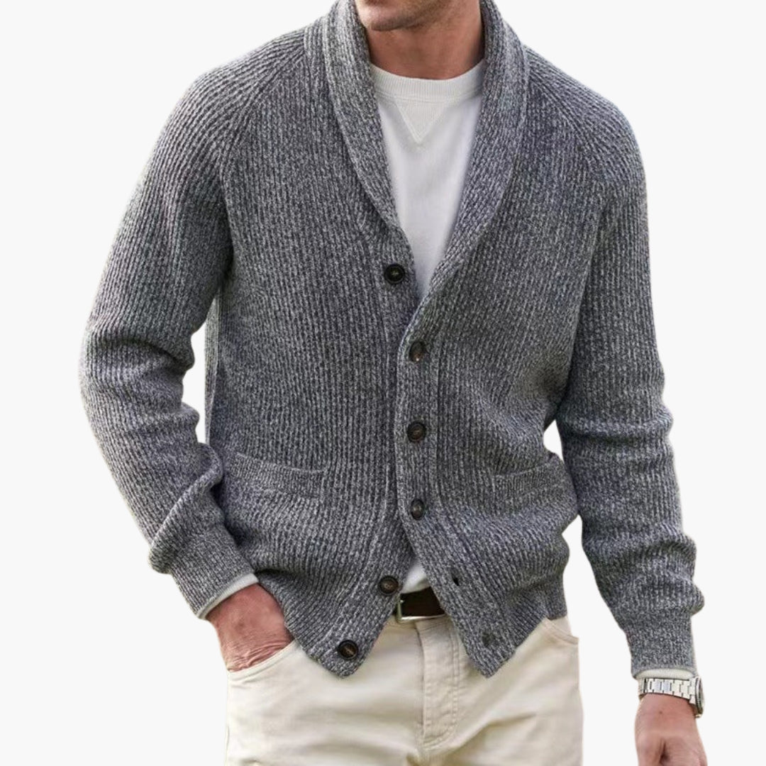 Men's cozy knit cardigan shawl collar button placket patch pockets casual everyday wear