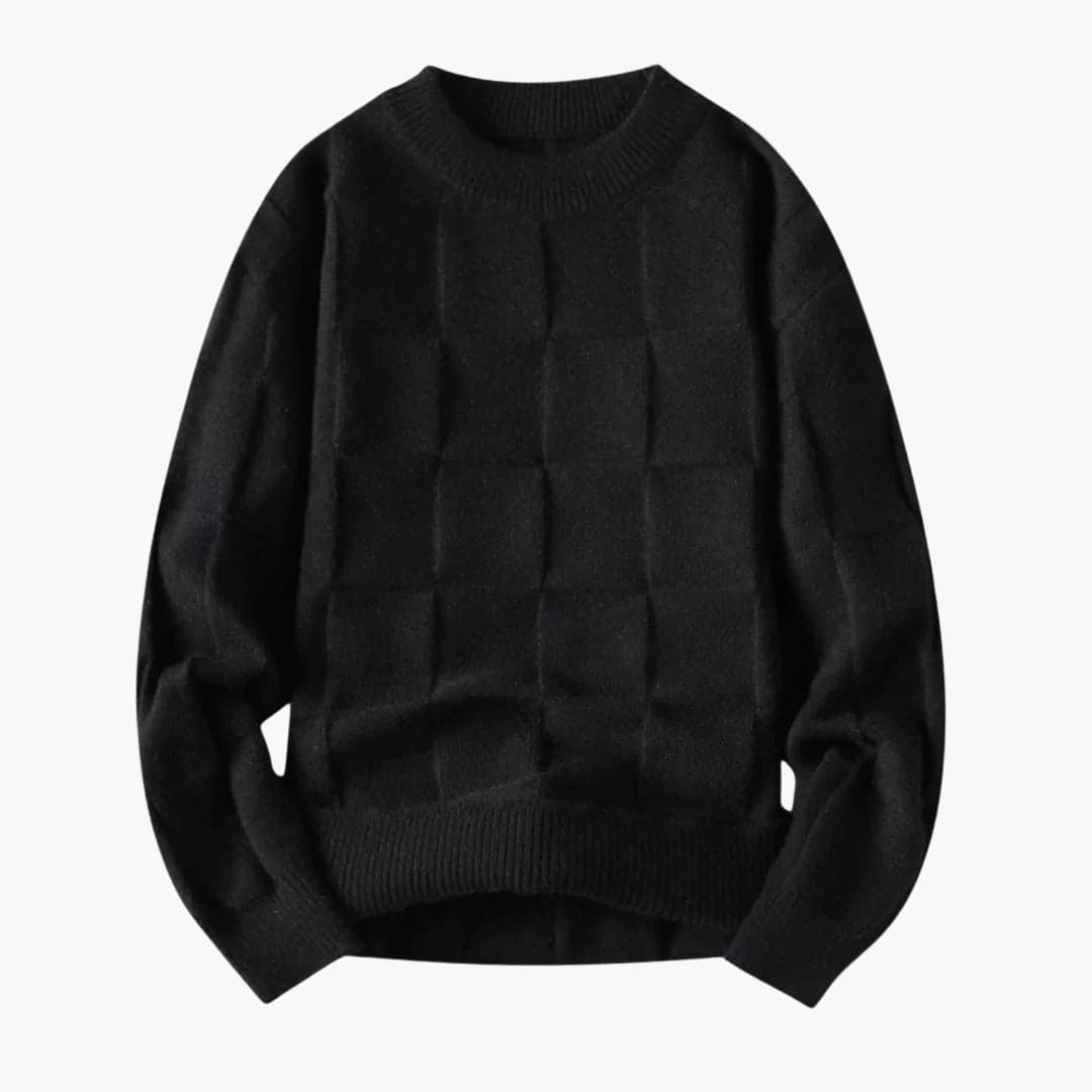 Men's check pattern knit sweater with round neck, ribbed cuffs and hem, everyday warm style