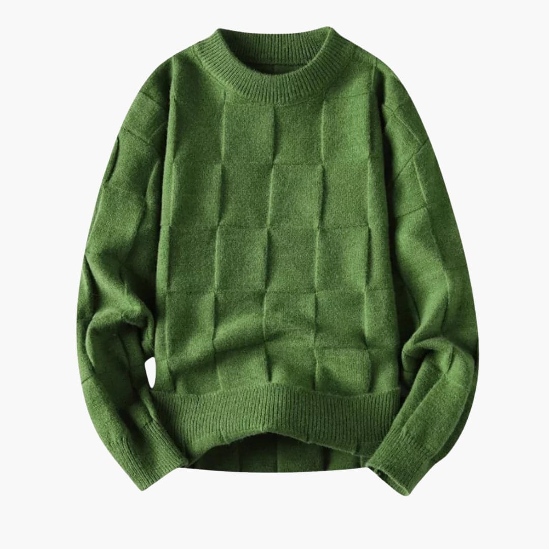 Men's check pattern knit sweater with round neckline, ribbed cuffs and hem for everyday warmth