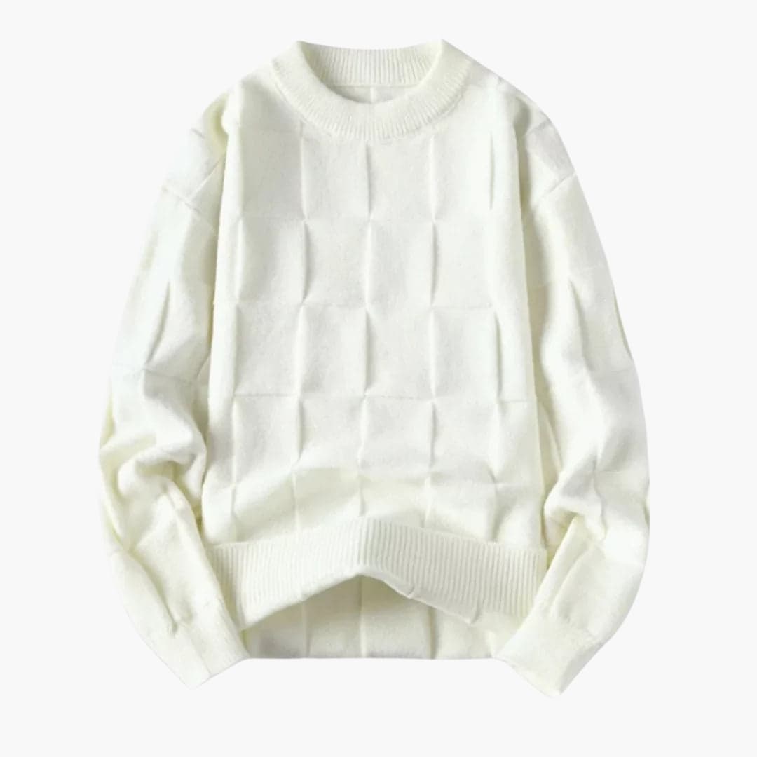 Men's check pattern knit sweater with round neckline, ribbed cuffs and hem for everyday warmth