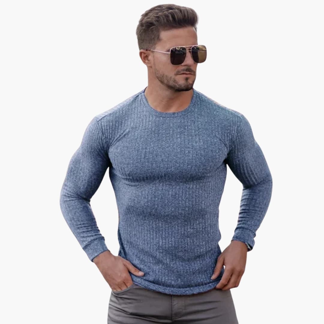 Men's ribbed knit pullover sweater in classic neutral tones with round neck and textured long sleeves