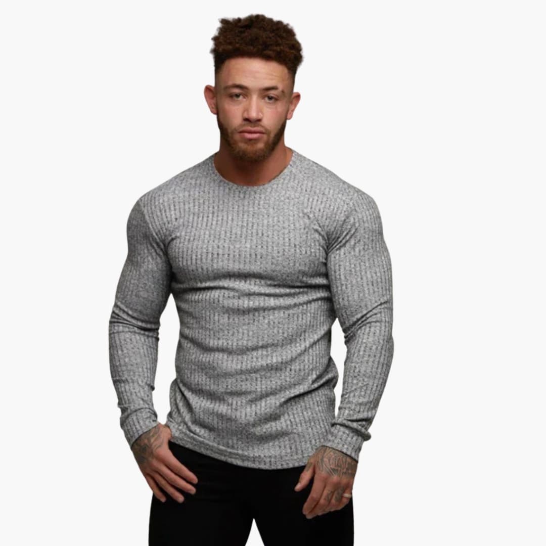 Men's gray ribbed knit pullover sweater, round neck, long sleeves with snug ribbed cuffs