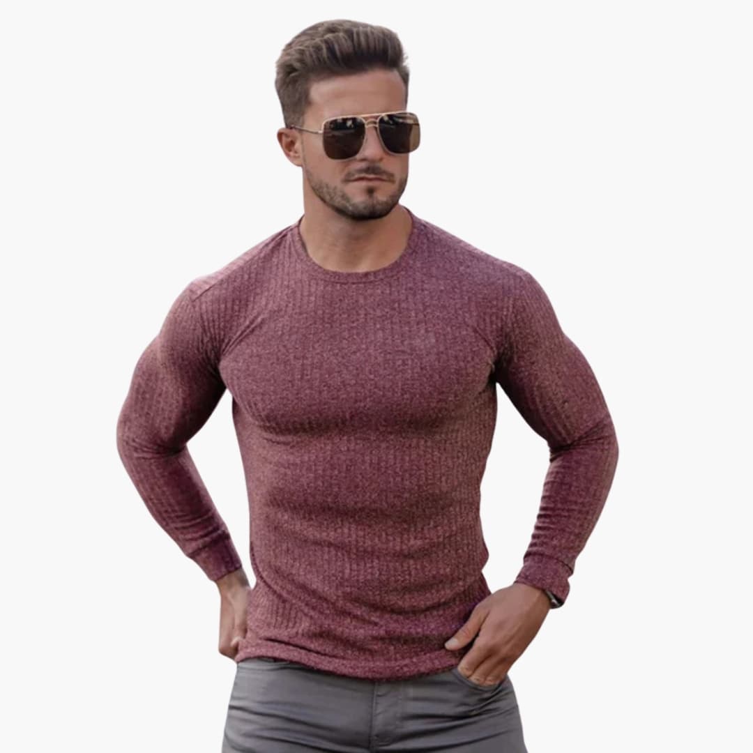 Men's gray ribbed knit pullover sweater, round neck, long sleeves, snug ribbed cuffs