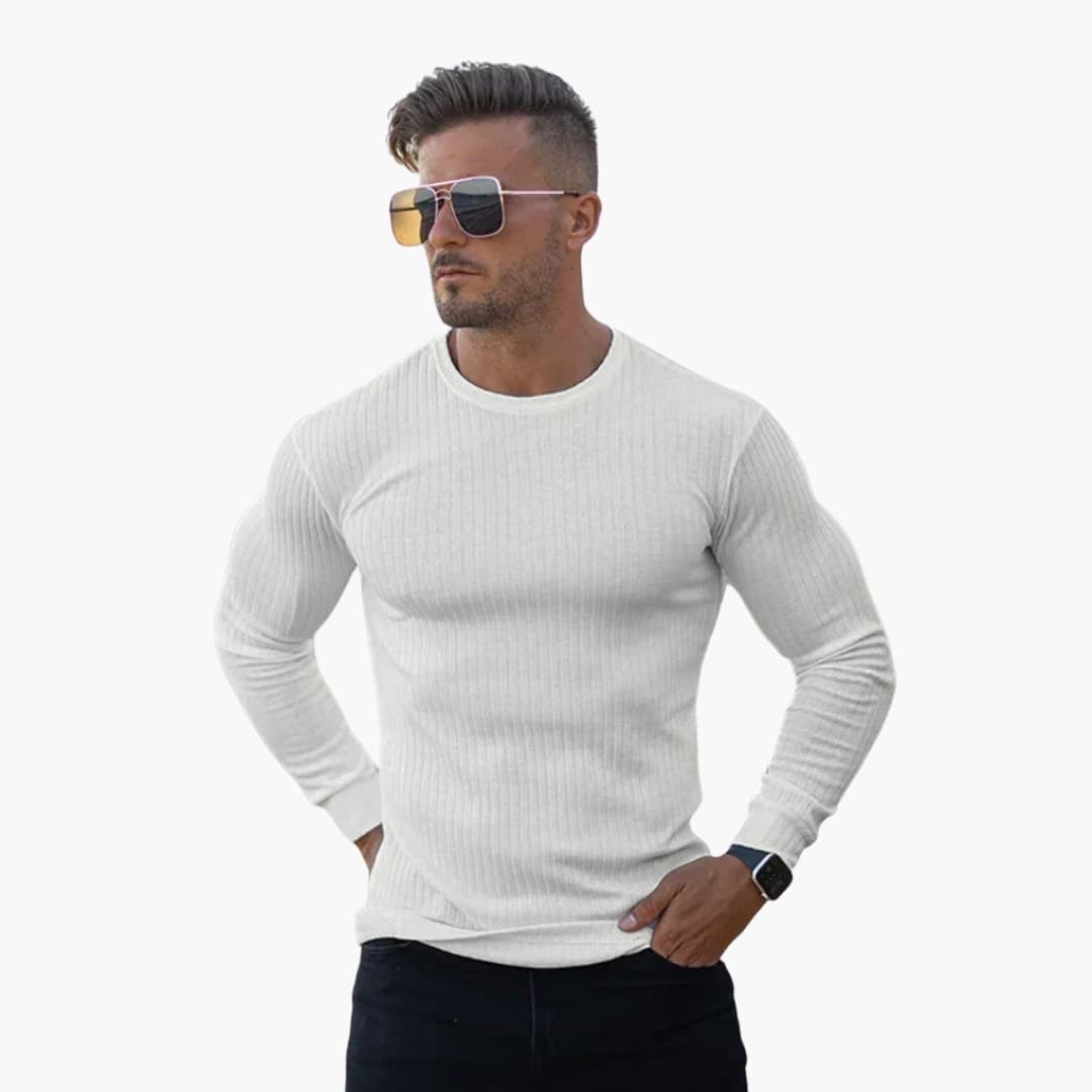 Men's dark ribbed knit pullover sweater, round neck, long sleeves with snug ribbed cuffs