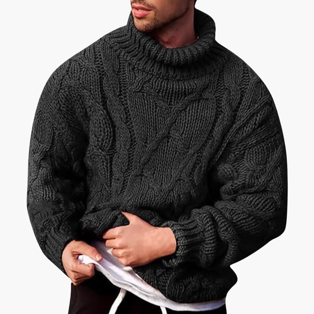 Men's cable knit turtleneck pullover sweater with ribbed cuffs and hem for everyday warmth