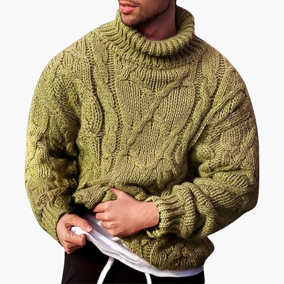 Men's cable knit turtleneck pullover sweater with ribbed cuffs and hem, classic everyday warmth