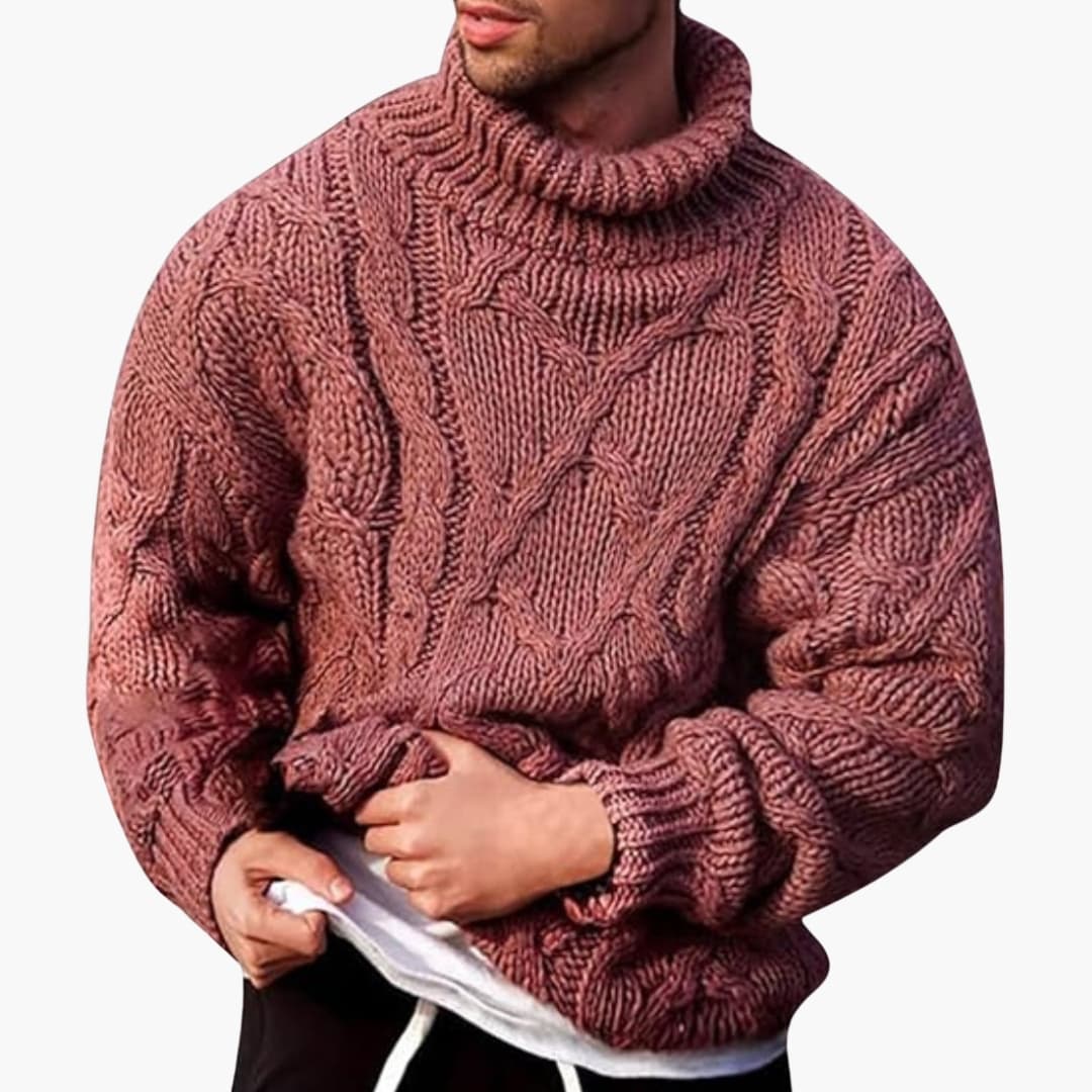 Men's cable knit turtleneck pullover sweater with ribbed cuffs and hem, classic warm everyday style