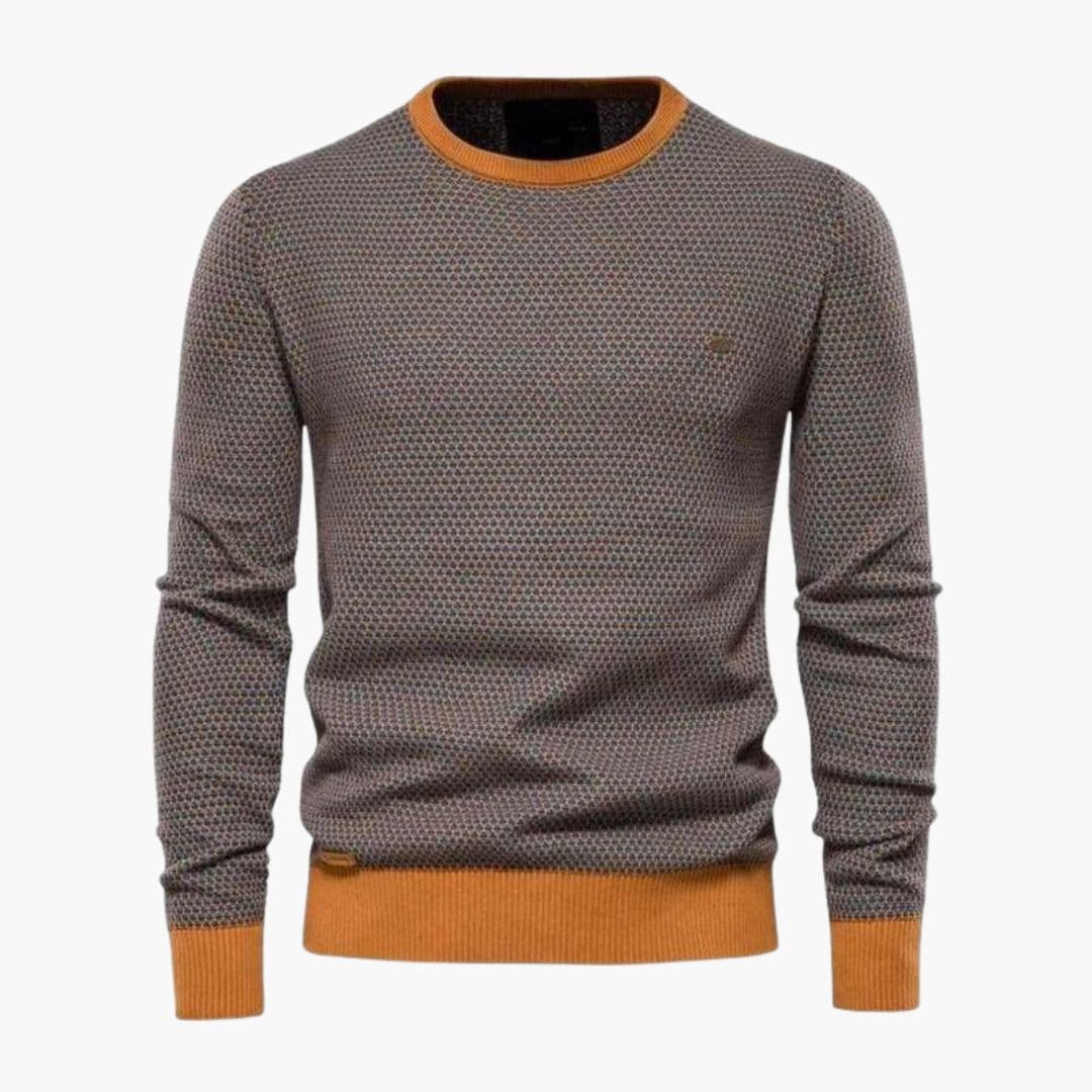 Men's navy geometric pattern knit sweater, round neck ribbed trim, relaxed everyday fit