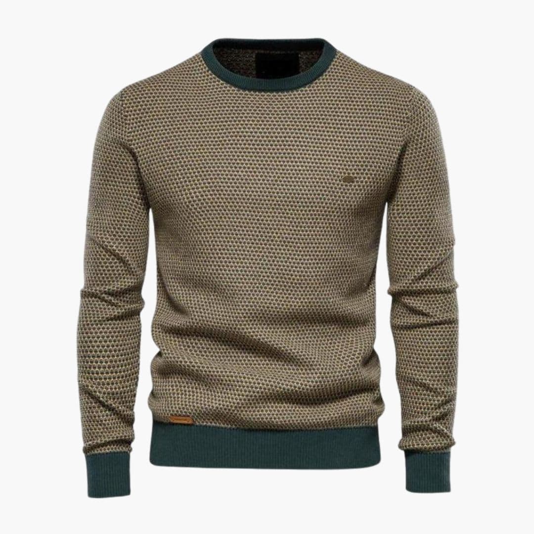 Men's navy geometric pattern knit sweater, round neck ribbed trim, relaxed everyday fit