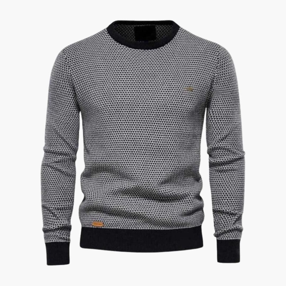 Men's navy geometric pattern knit sweater, round neck ribbed trim, relaxed everyday fit