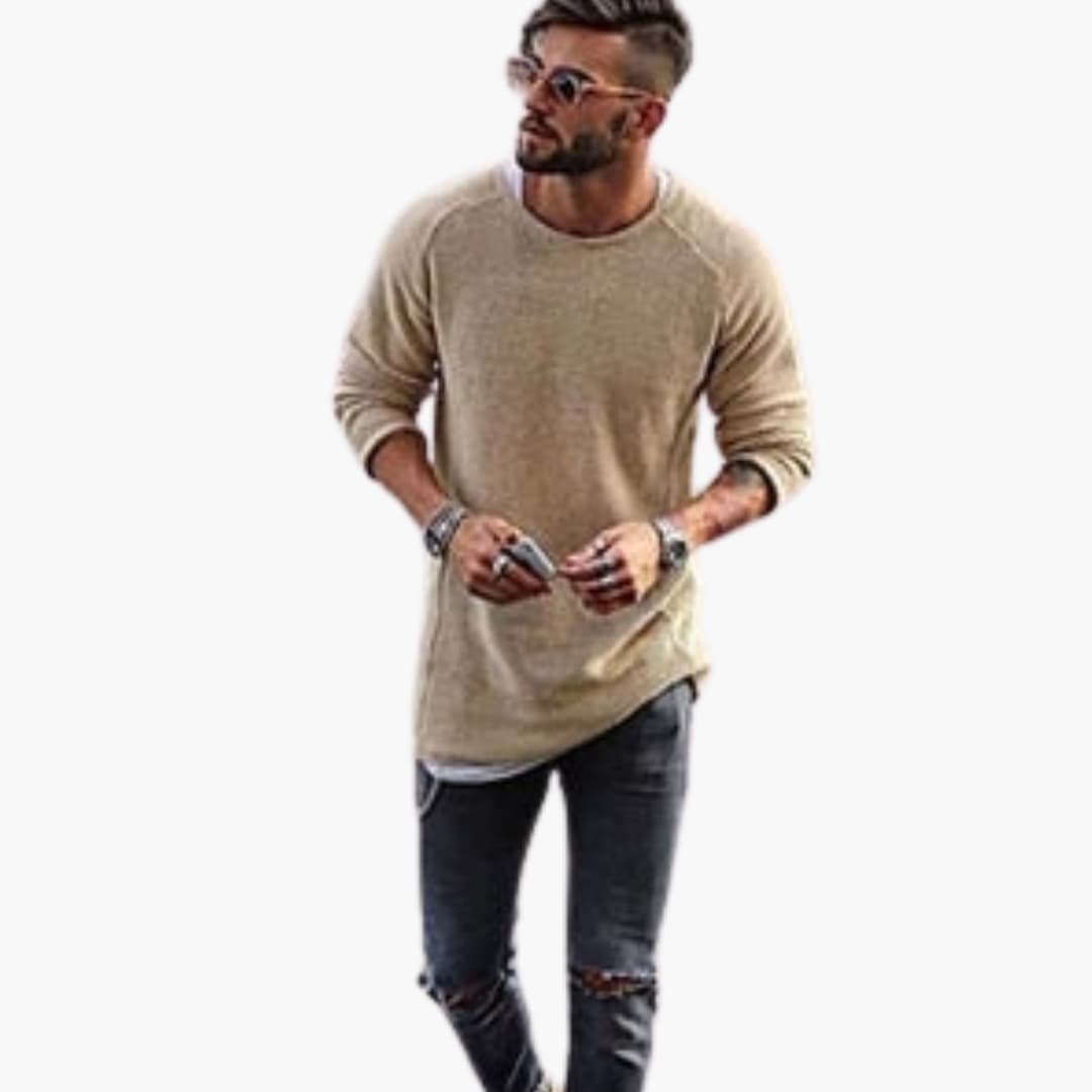 Men's classic knitted round neck sweater with ribbed cuffs, long sleeve everyday comfort fit