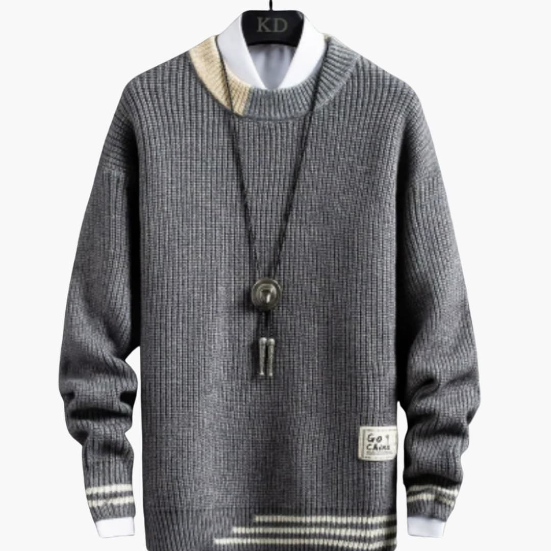 Men's crew neck knit sweater in neutral tone with textured fabric and ribbed hem for everyday fit