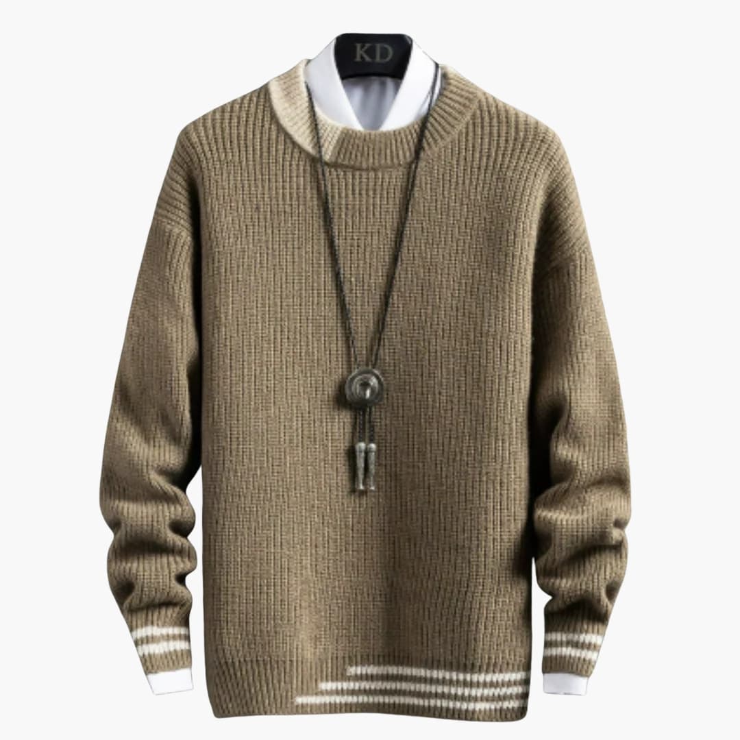 Men's crew neck knit sweater in neutral tone with ribbed hem and textured pullover silhouette