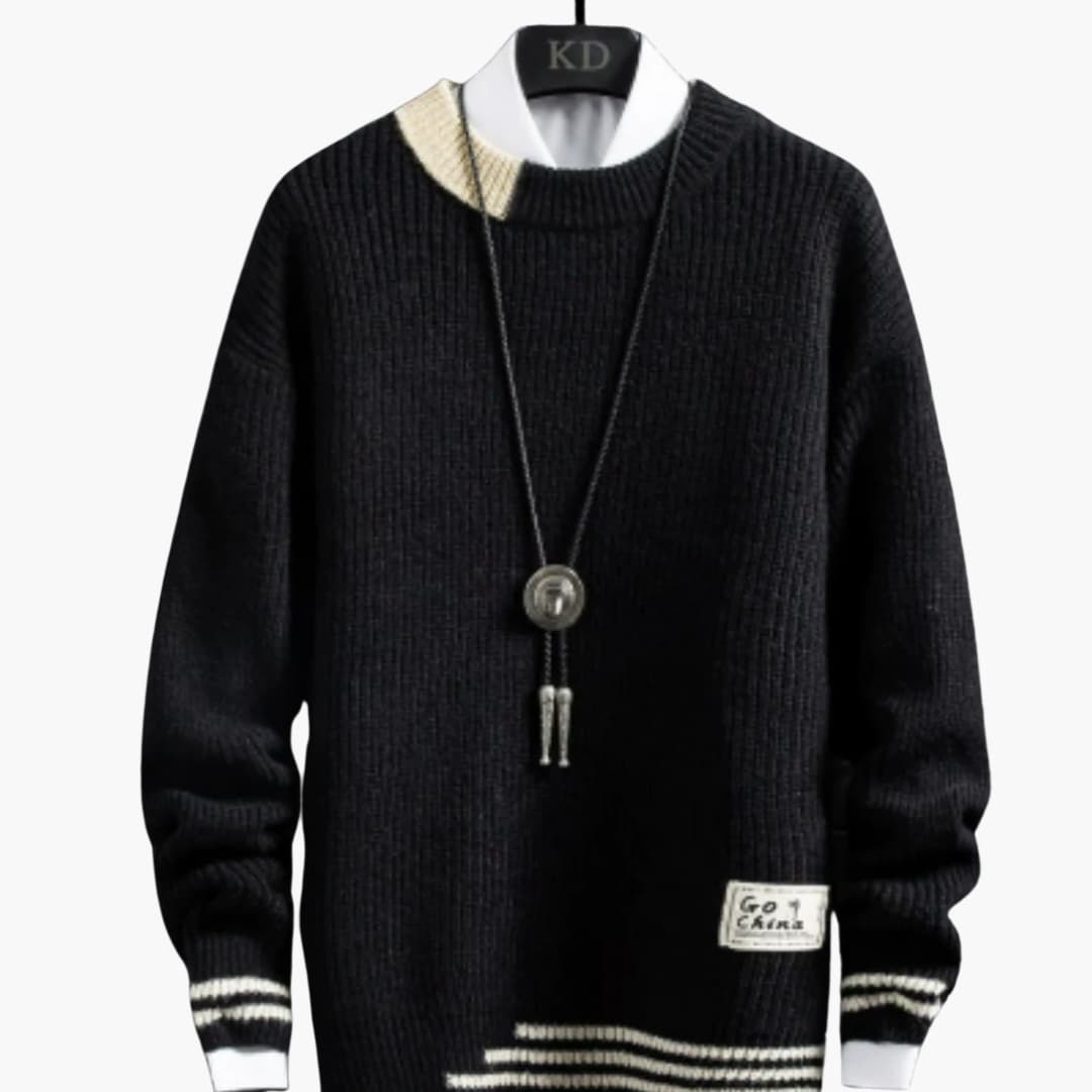 Men's gray crew neck knit sweater with ribbed hem and textured pullover silhouette