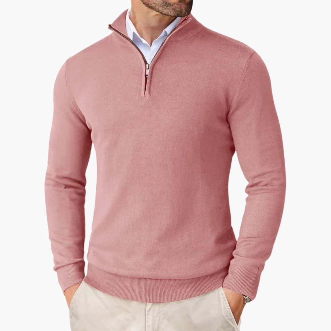 Men's gray knit half-zip sweater with stand-up collar, ribbed cuffs, and metal zipper accent