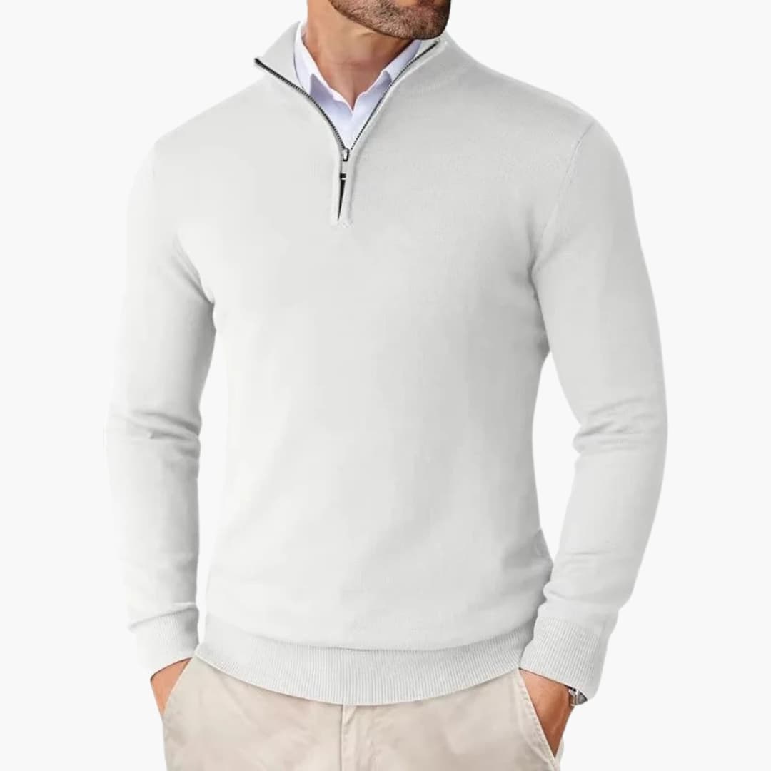 Men's gray knit half-zip sweater with stand-up collar, ribbed cuffs, and metal zipper accent