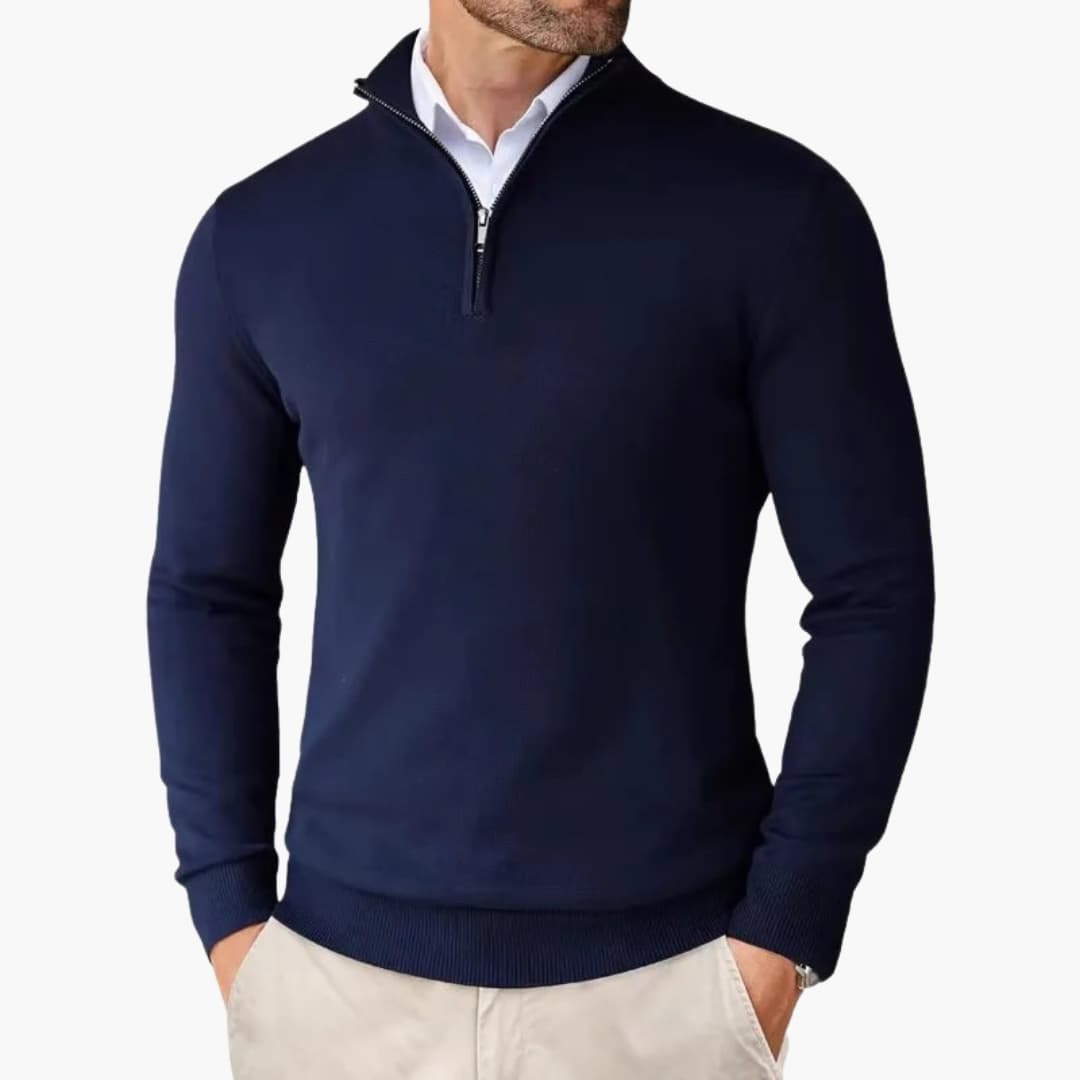 Men's gray knit half-zip sweater with stand-up collar, ribbed cuffs, and metal zipper accent