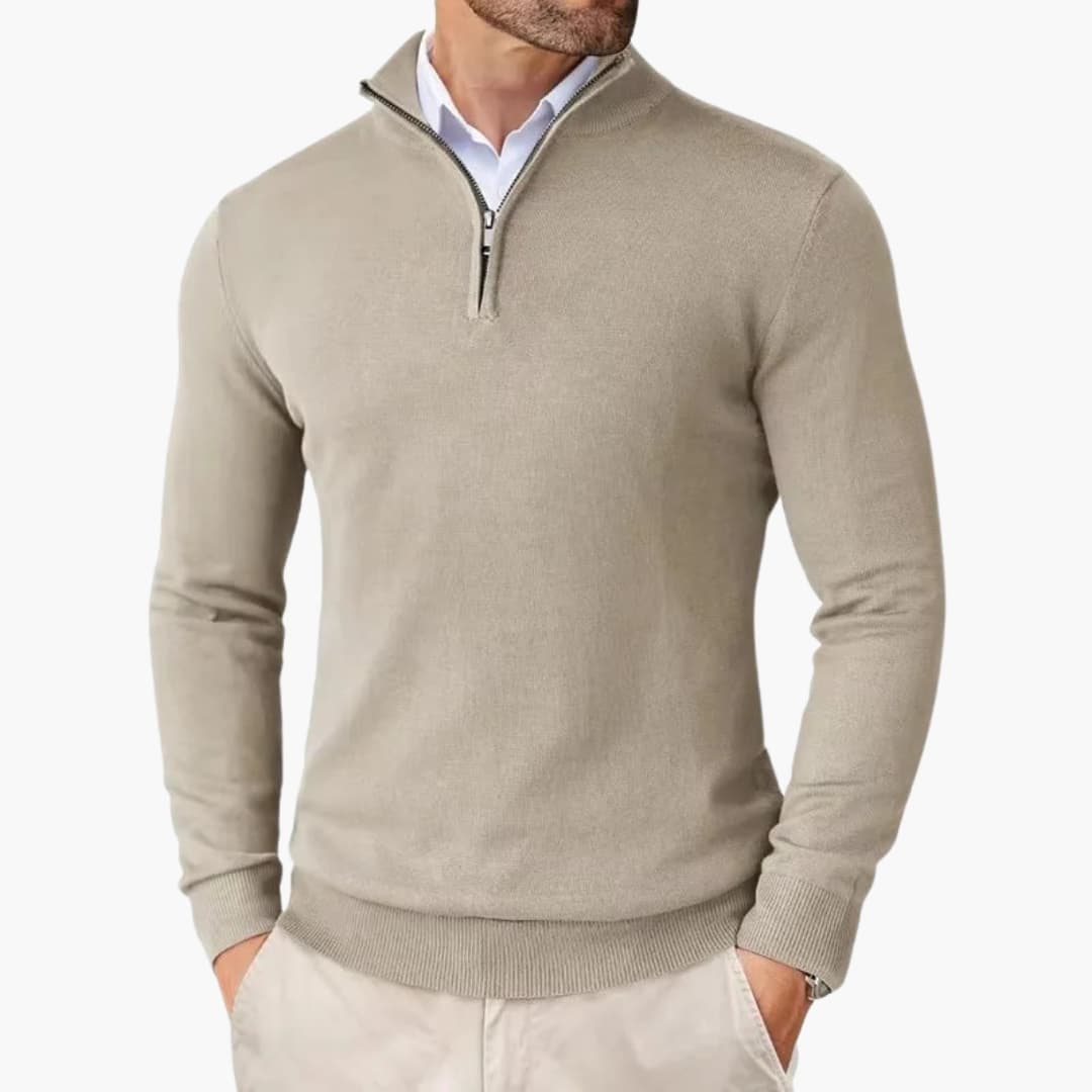 Men's knit half-zip sweater with stand-up collar, ribbed cuffs, and metal zipper accent