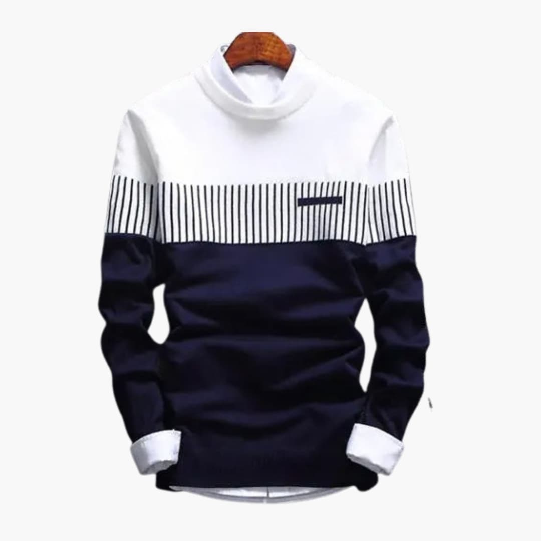 Men's slim fit knitted sweater block stripes round neck ribbed cuffs casual everyday essential