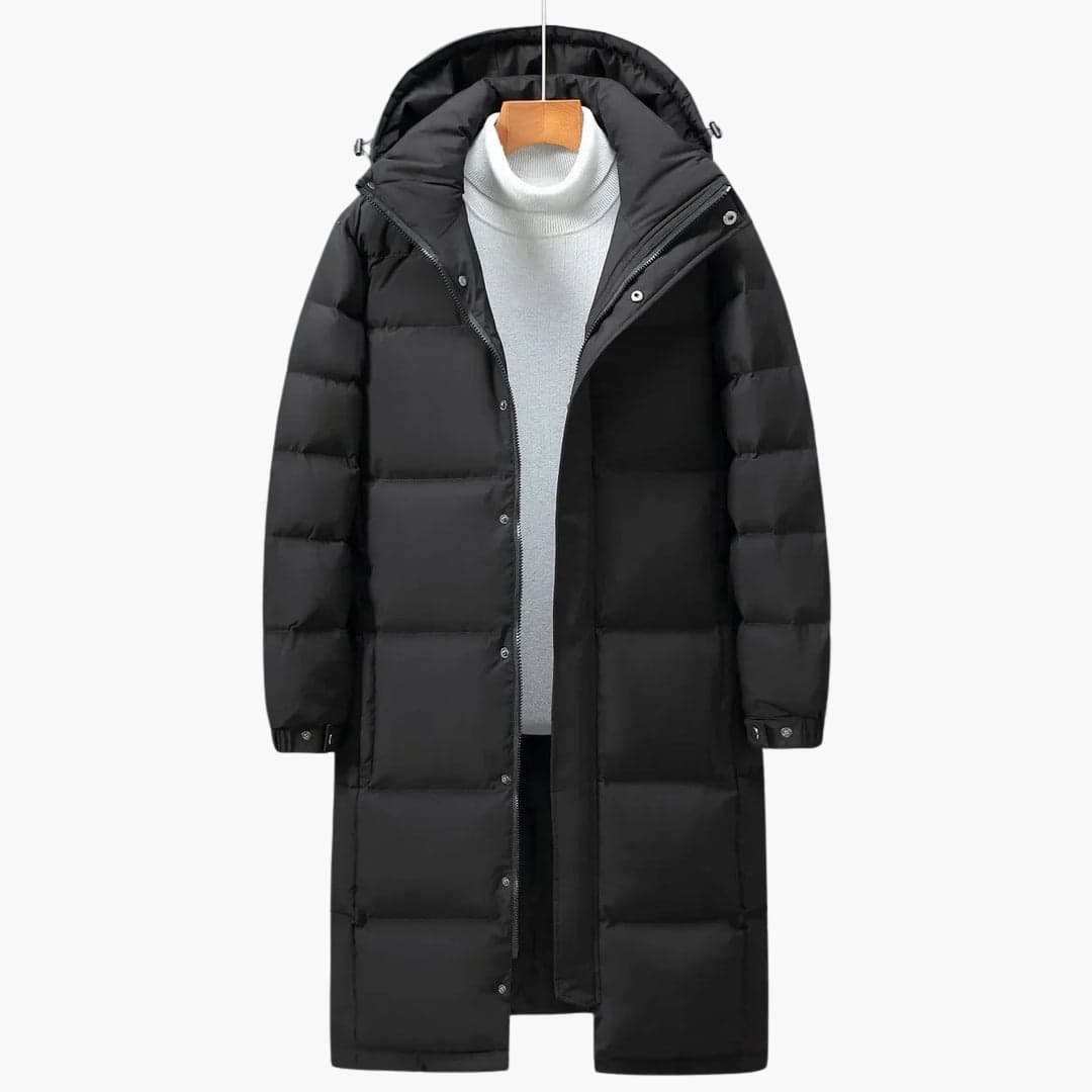 Men's long black winter parka with hood, padded lining, snap-button placket, hip-length cut