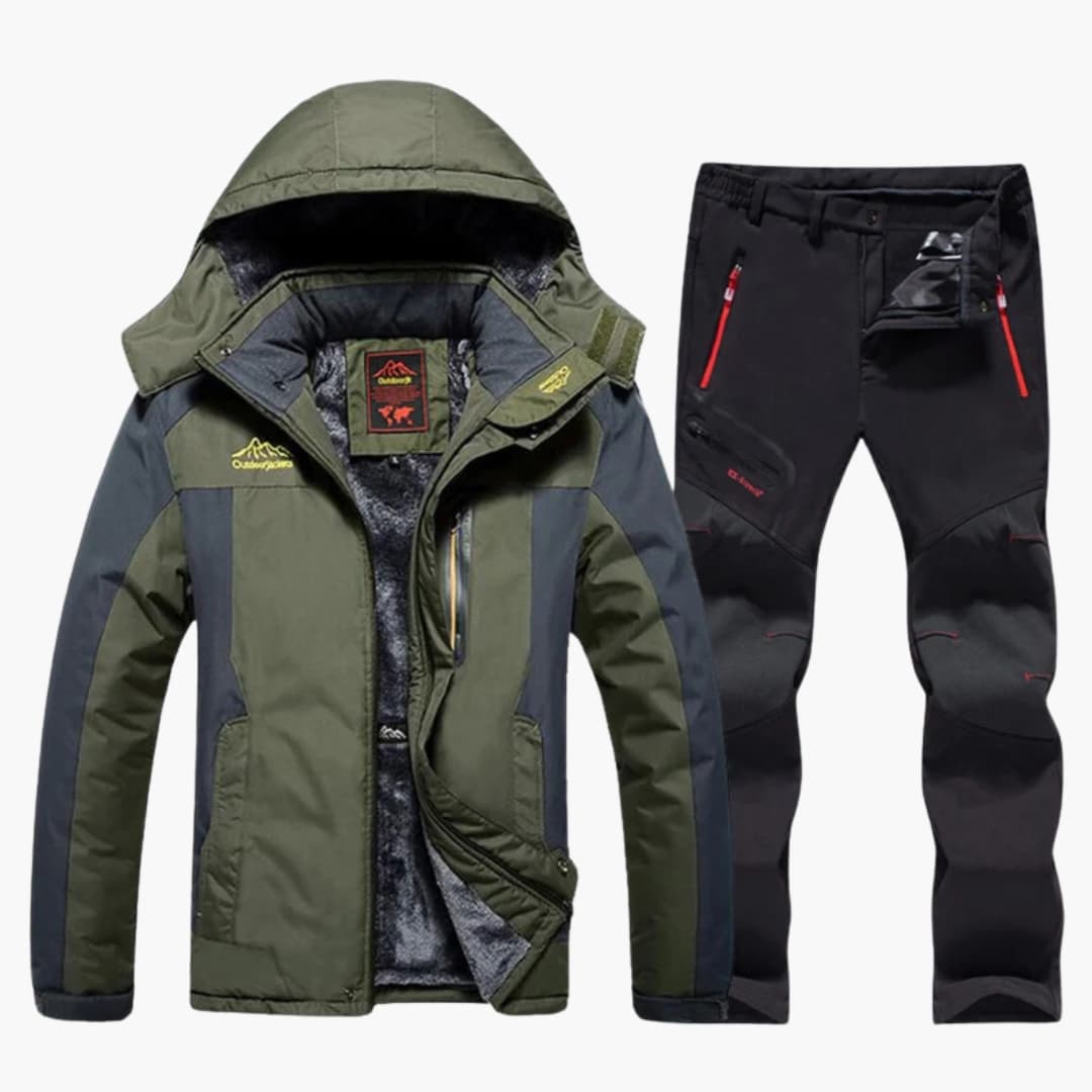 Men's fleece-lined zip-up jacket and elastic waist pants winter set, warm cozy two-piece outfit