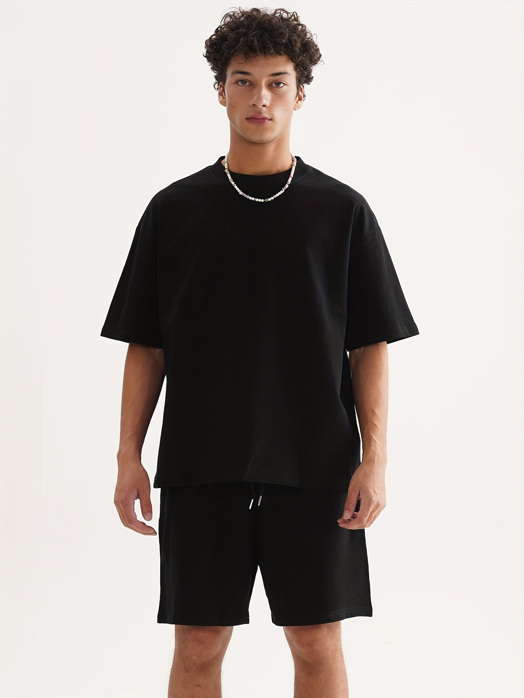 Men's lightweight two-piece set navy blue short-sleeve T-shirt and matching shorts breathable cotton blend