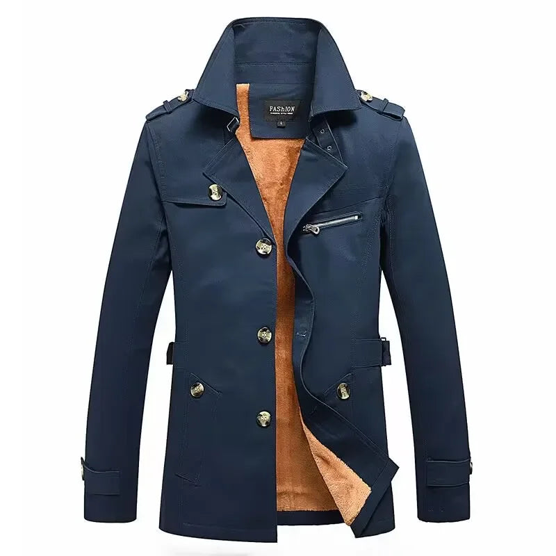 Men's navy blue cotton windbreaker coat turn-down collar slim business casual winter warmth