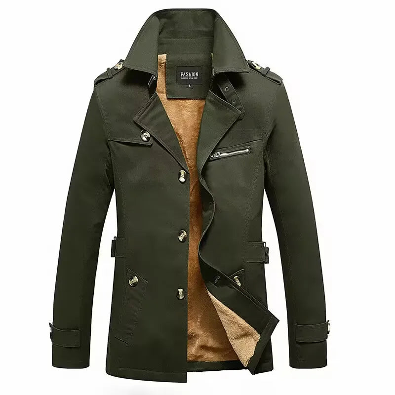 Men's navy blue slim-fit cotton windbreaker coat with turn-down collar for business casual winter wear