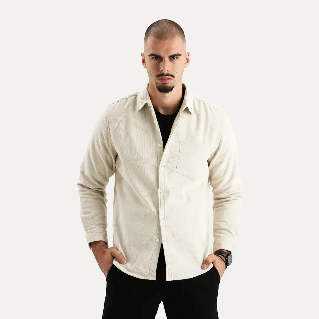 Men's cotton corduroy long sleeve shirt with plush fur lining for warmth, casual everyday style