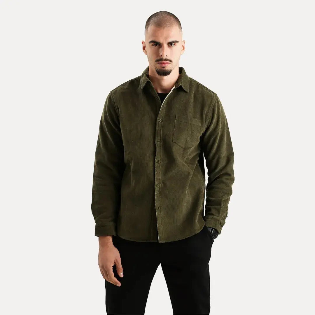 Men's brown corduroy long sleeve cotton shirt with plush fur lining for warmth