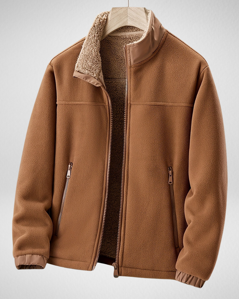 Men's fleece jacket autumn winter warmth, breathable full-zip outdoor layer in neutral tone