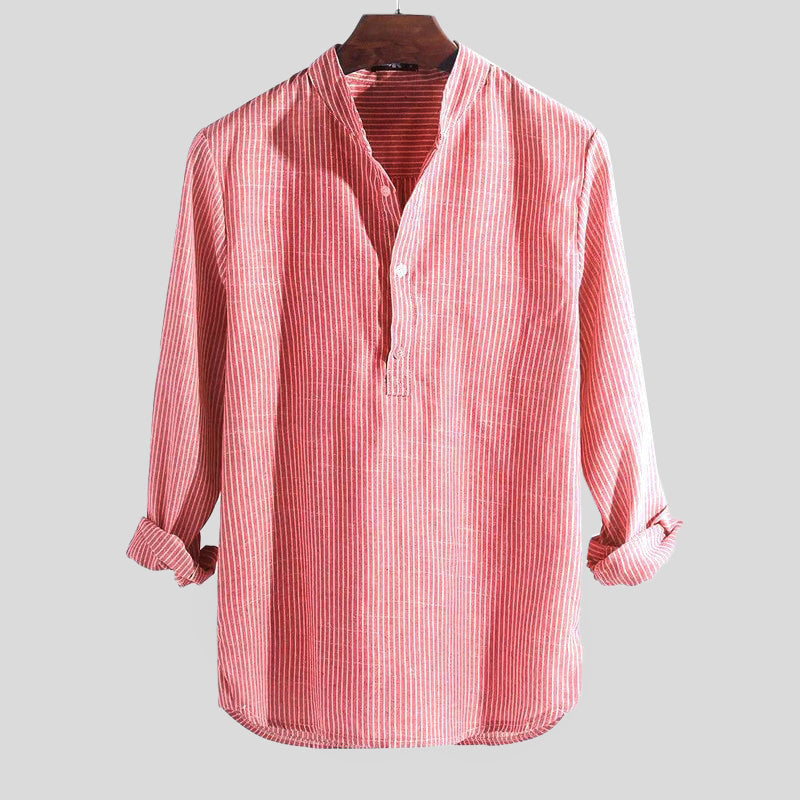 Men's striped cotton linen Henley shirt band collar breathable slim fit casual to smart casual style
