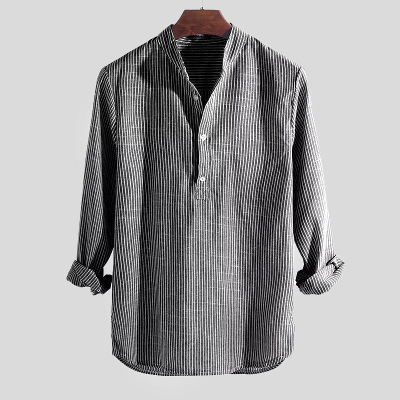 Men's cotton linen striped Henley shirt with band collar, breathable slim fit casual style