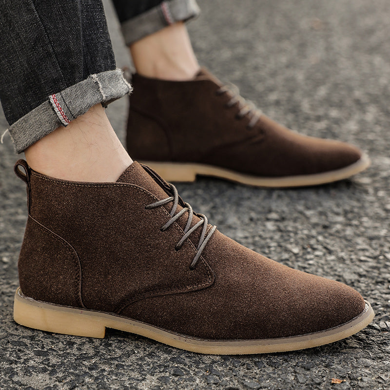 Mats men's high lace-up PU suede shoes in neutral tone with sleek modern silhouette