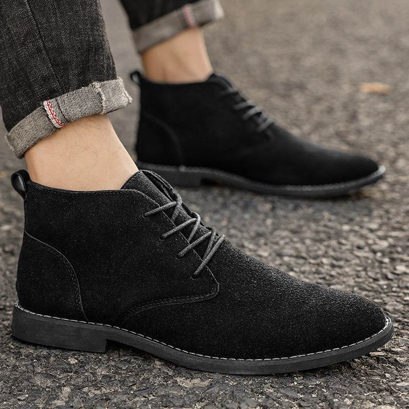 Men's high lace-up PU suede shoes in neutral tone, modern silhouette with ankle-height design
