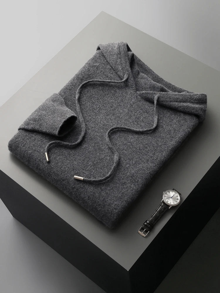 Men's gray merino wool hoodie slim fit with seamless construction and breathable warmth