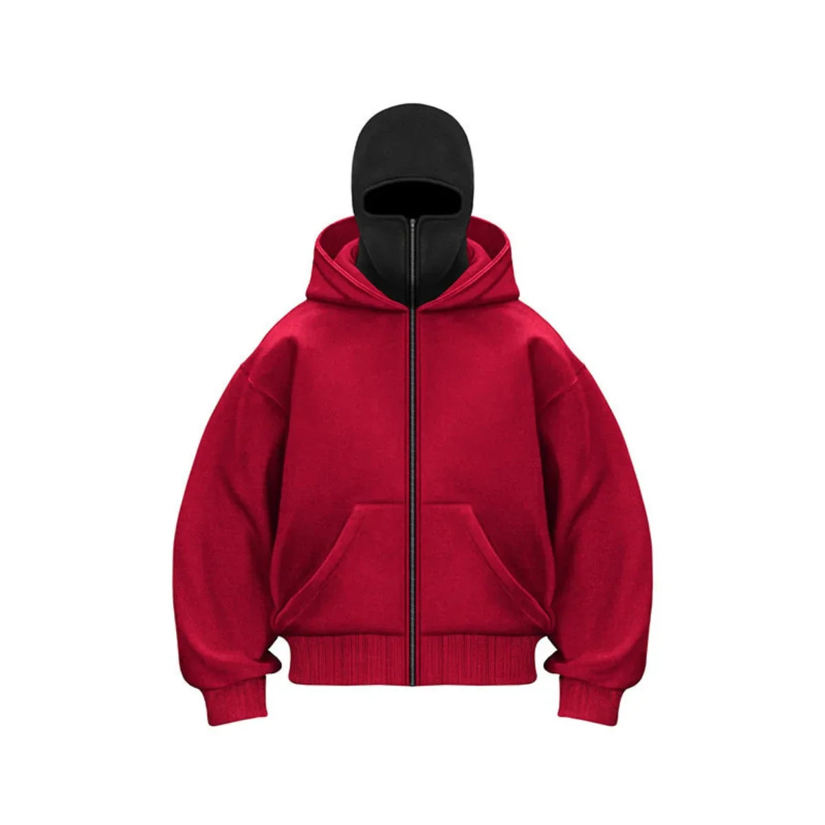 Men's black Y2K balaclava hooded sweatshirt with integrated windproof hood for bold streetwear style