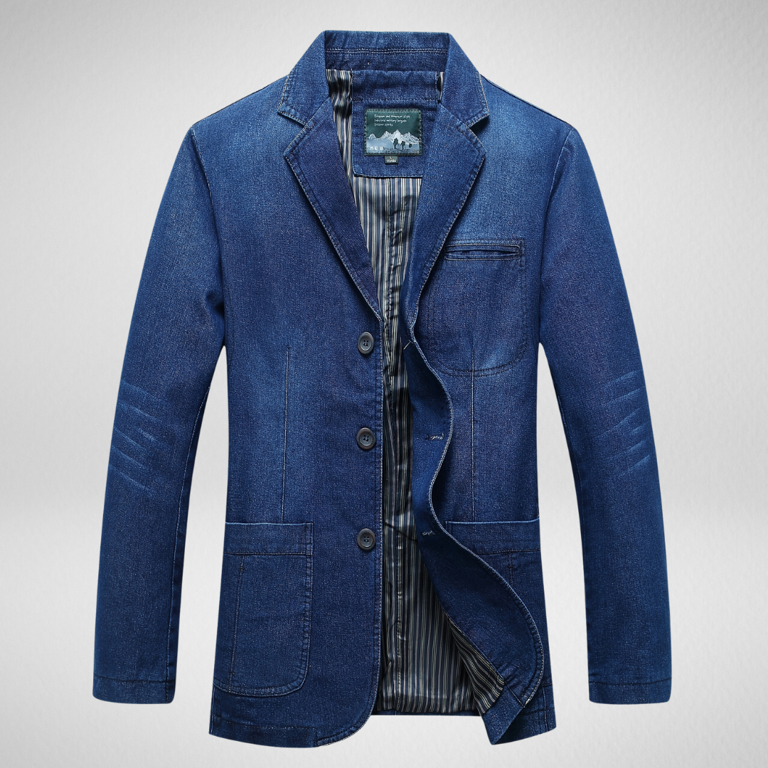 Men's relaxed fit denim blazer with single button closure and polyester lining for smart-casual style