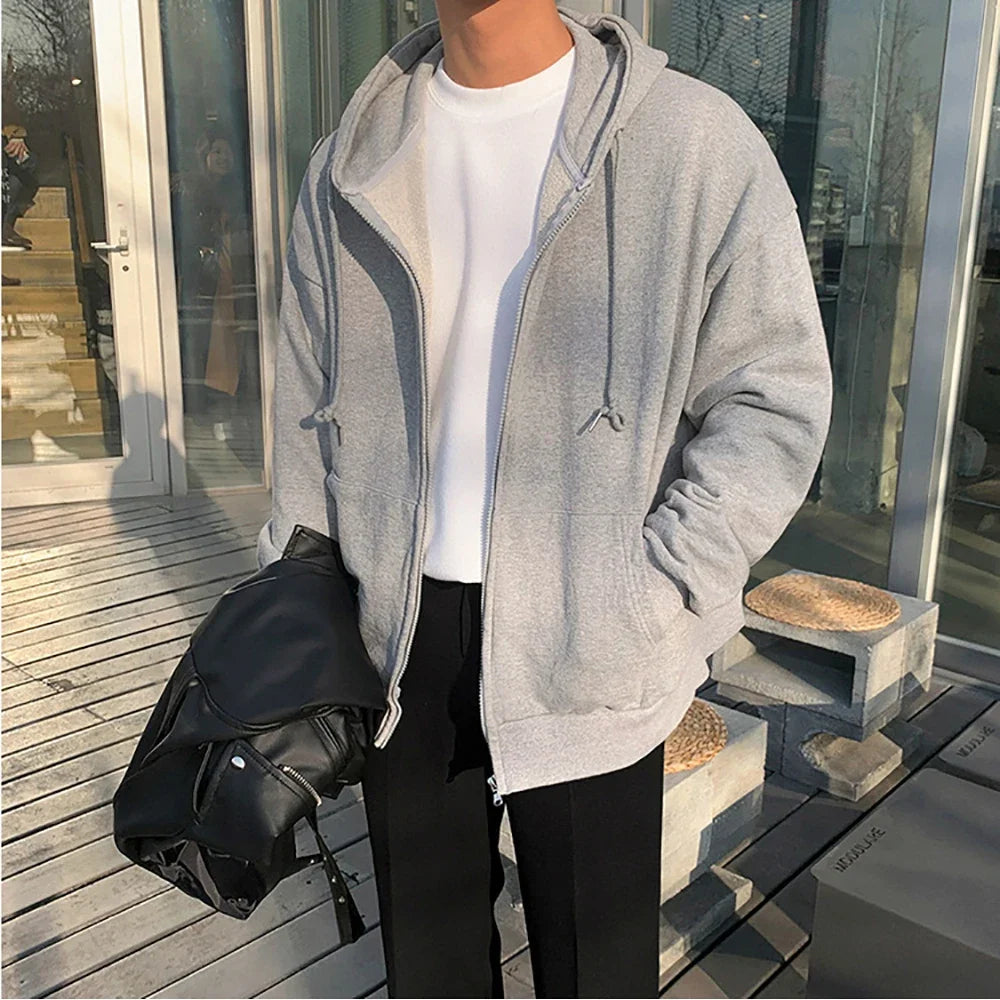 Men's oversized zip-up hoodie jacket fleece-lined Harajuku Gothic street style bold fit