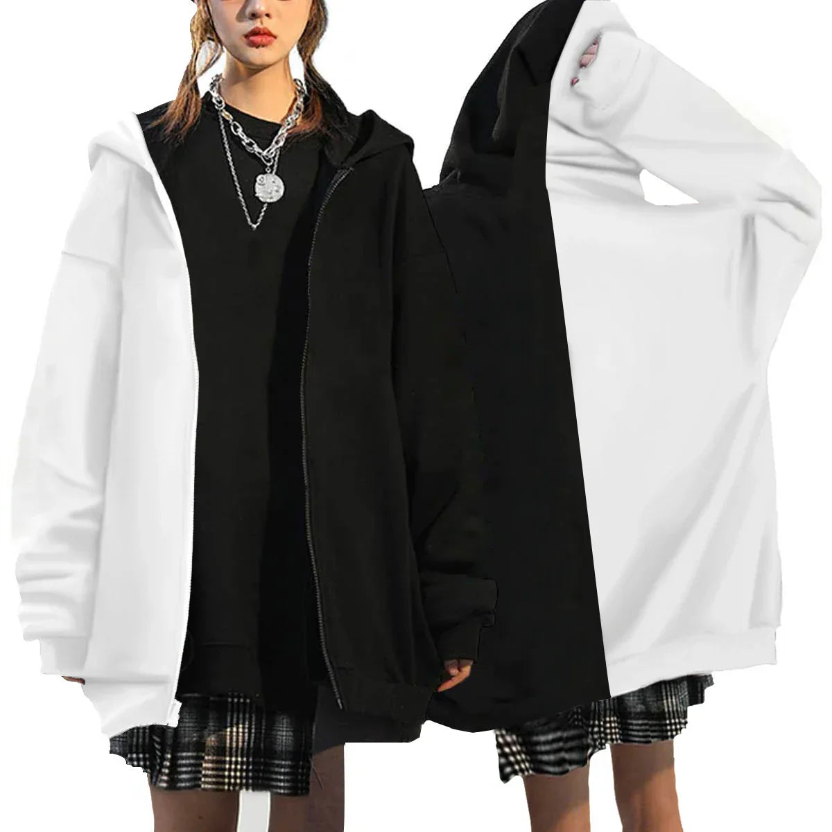 Men's oversized zip-up fleece hoodie jacket in gothic Harajuku street style with warm lining