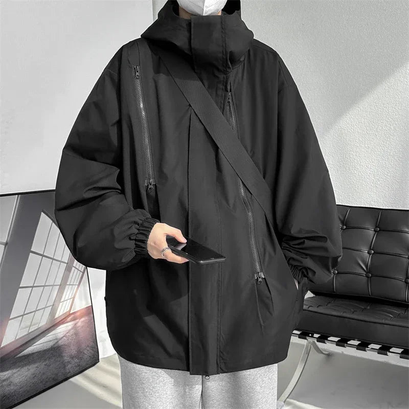 Men's waterproof hooded jacket with full zipper, slim casual cut, durable all-season weatherproof outerwear