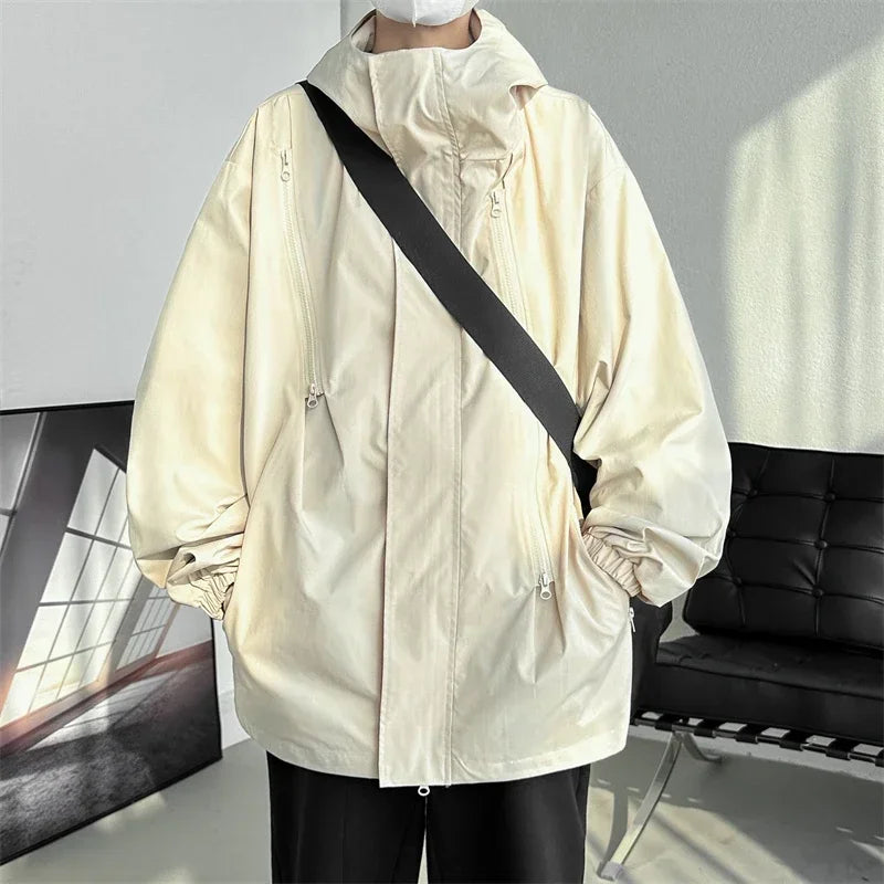 Men's waterproof hooded jacket with front zipper, casual fit, durable all-season weatherproof outerwear