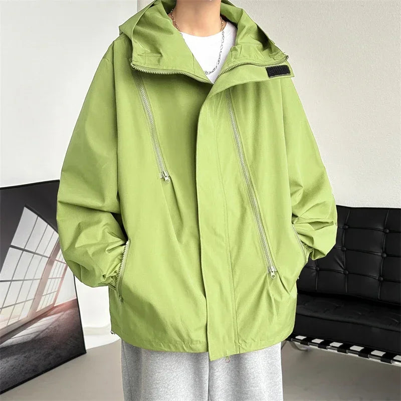 Men's waterproof hooded jacket with full zipper, casual fit, durable all-season weatherproof outerwear