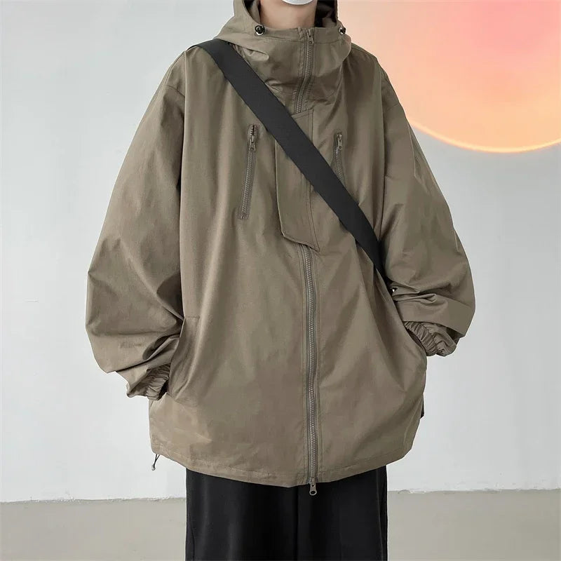 Men's waterproof hooded jacket with front zipper, casual fit, durable all-season weatherproof outerwear