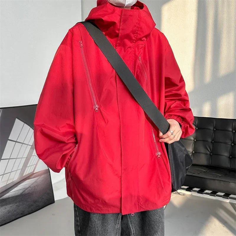 Men's waterproof hooded jacket with full zipper, casual fit, durable all-season weatherproof outerwear
