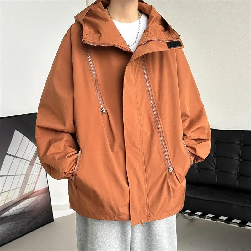 Men's waterproof hooded jacket with front zipper, casual fit, durable all-season weatherproof outerwear